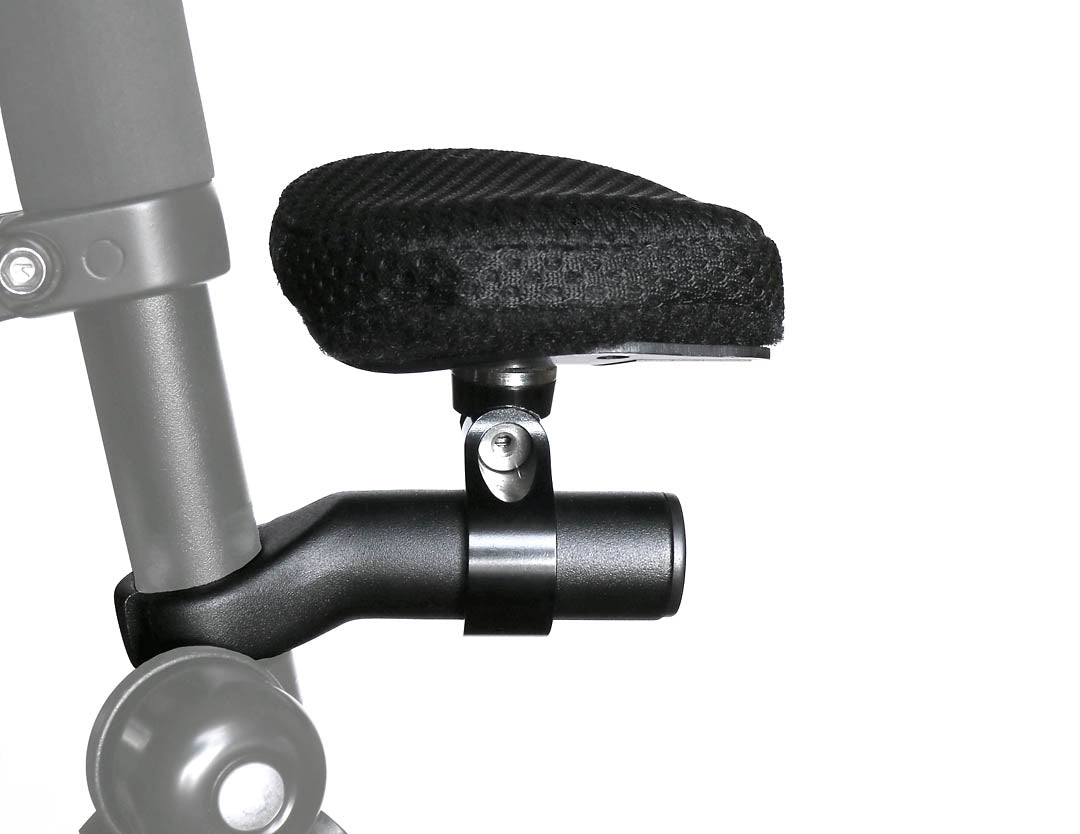 Side view of an HP Velotechnik Adjustable Handrest mounted on a trike against a white background.