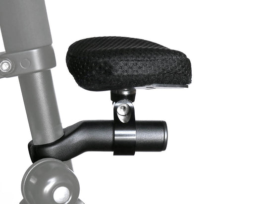 Side view of an HP Velotechnik Adjustable Handrest mounted on a trike against a white background.