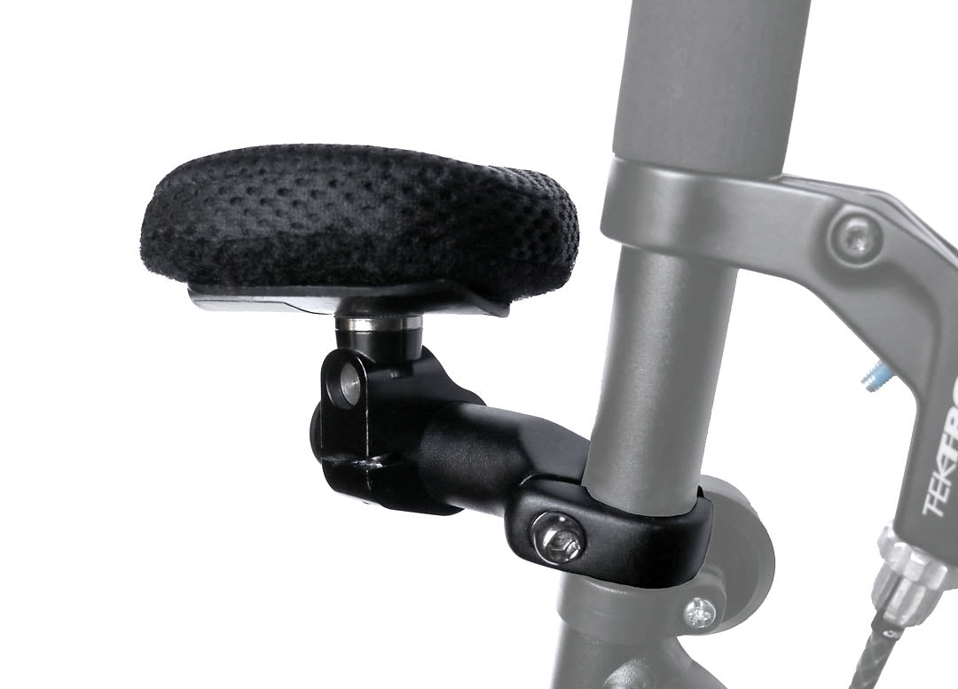 A different side view of an HP Velotechnik Adjustable Handrest mounted on a trike against a white background.