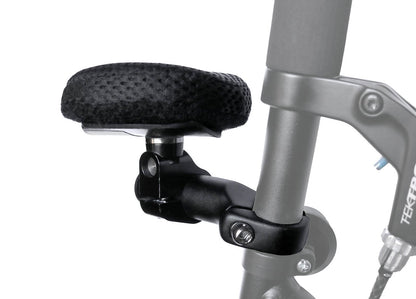 A different side view of an HP Velotechnik Adjustable Handrest mounted on a trike against a white background.