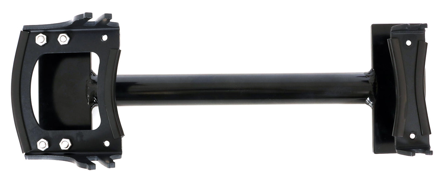 Bottom view of the HP Velotechnik Scorpion Assembly Mount Workstand Bracket, primarily black in color, designed to clamp onto a trike for workshop maintenance, against a white background.