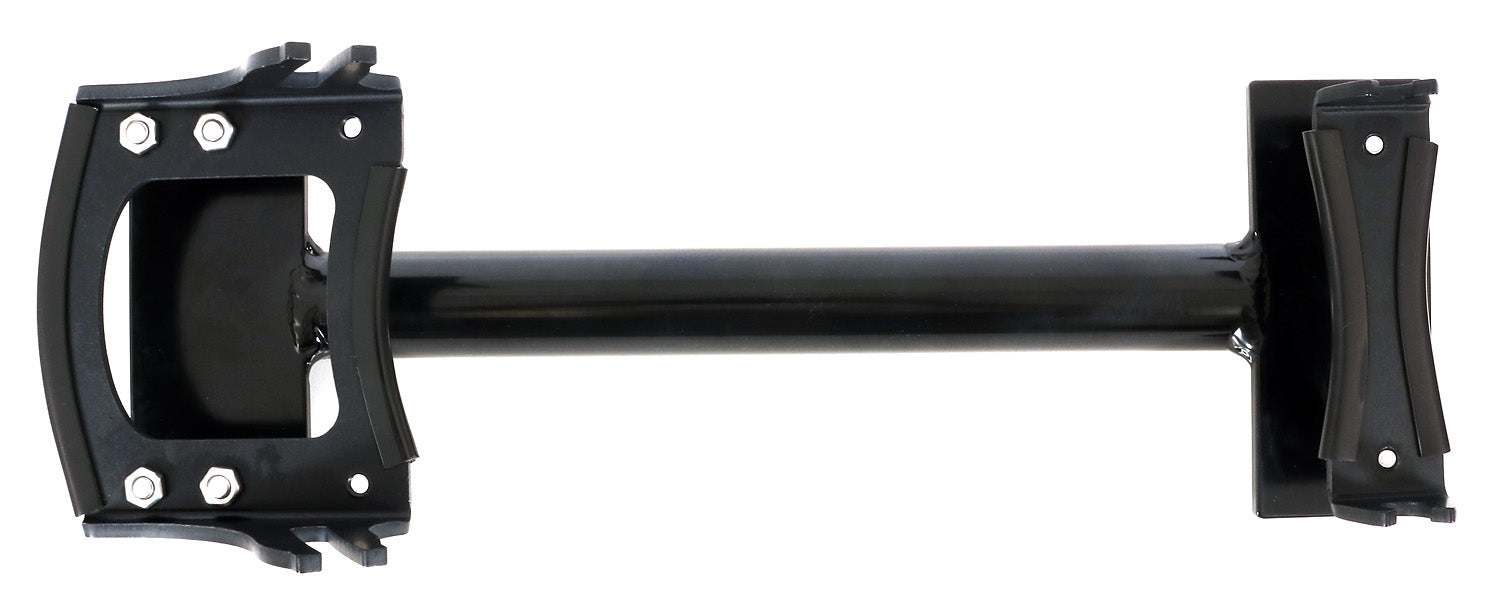 Bottom view of the HP Velotechnik Scorpion Assembly Mount Workstand Bracket, primarily black in color, designed to clamp onto a trike for workshop maintenance, against a white background.