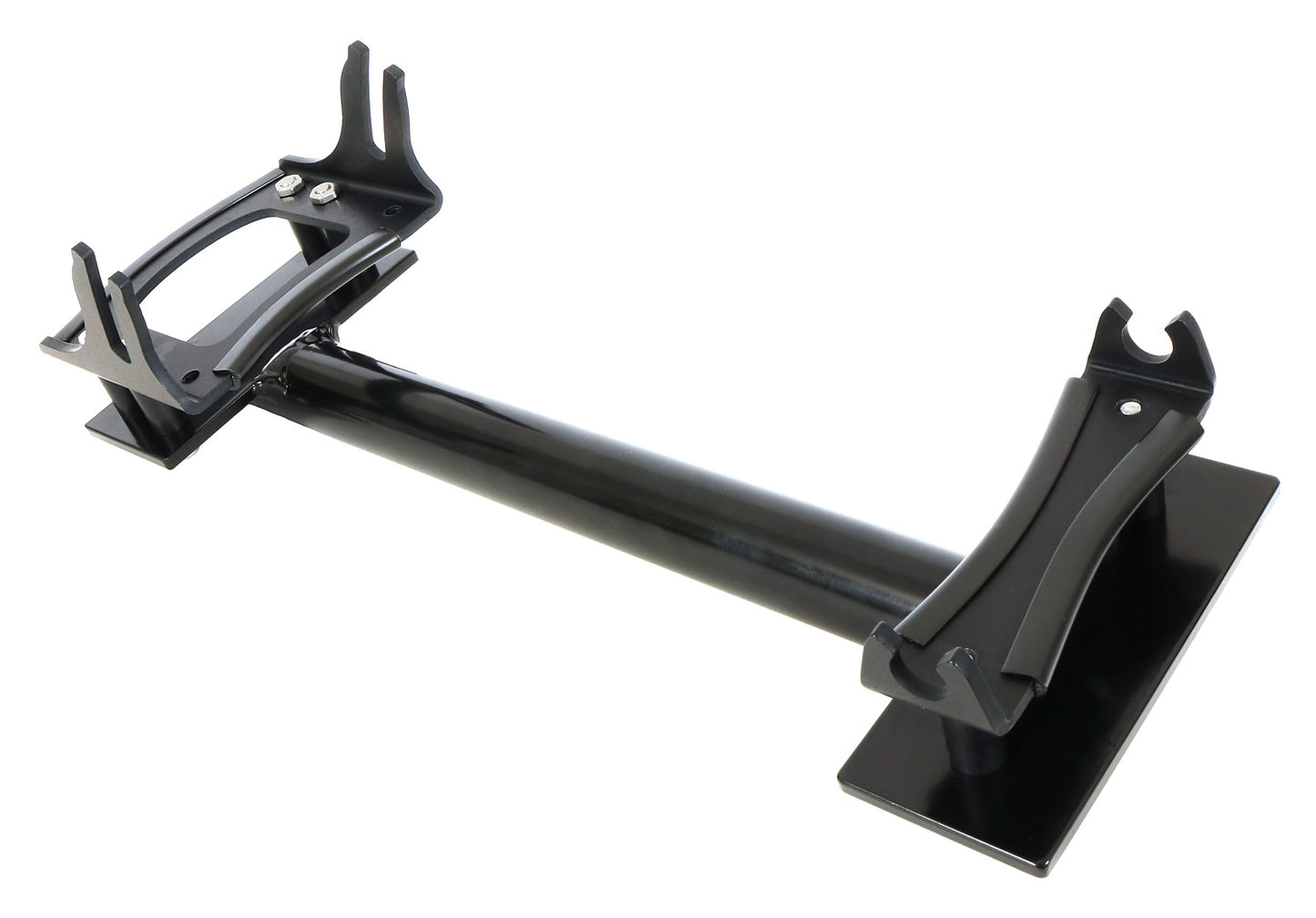 Second angled view of the HP Velotechnik Scorpion Assembly Mount Workstand Bracket, primarily black in color, designed to clamp onto a trike for workshop maintenance, against a white background.