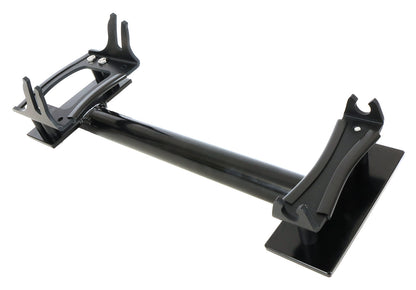 Second angled view of the HP Velotechnik Scorpion Assembly Mount Workstand Bracket, primarily black in color, designed to clamp onto a trike for workshop maintenance, against a white background.