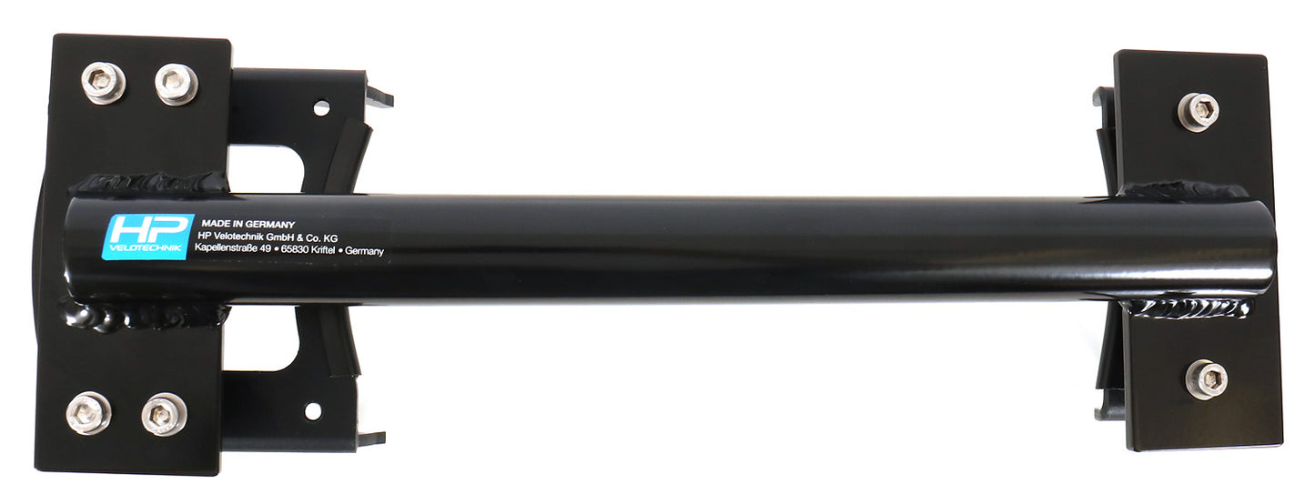 Top view of the HP Velotechnik Scorpion Assembly Mount Workstand Bracket, primarily black in color, designed to clamp onto a trike for workshop maintenance, against a white background.