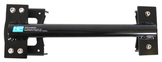 Top view of the HP Velotechnik Scorpion Assembly Mount Workstand Bracket, primarily black in color, designed to clamp onto a trike for workshop maintenance, against a white background.