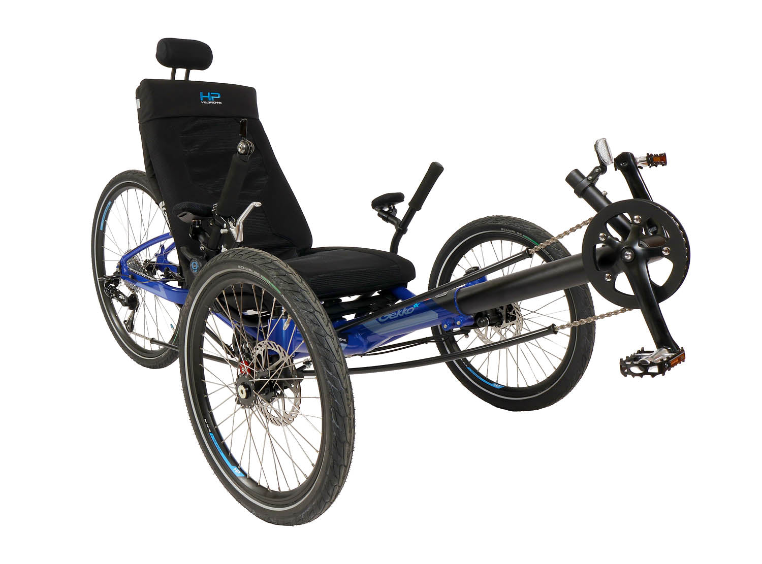 Angled side view of the HP Velotechnik Gekko fx 26 Comfort Recumbent Trike in Deep Blue against a white background.