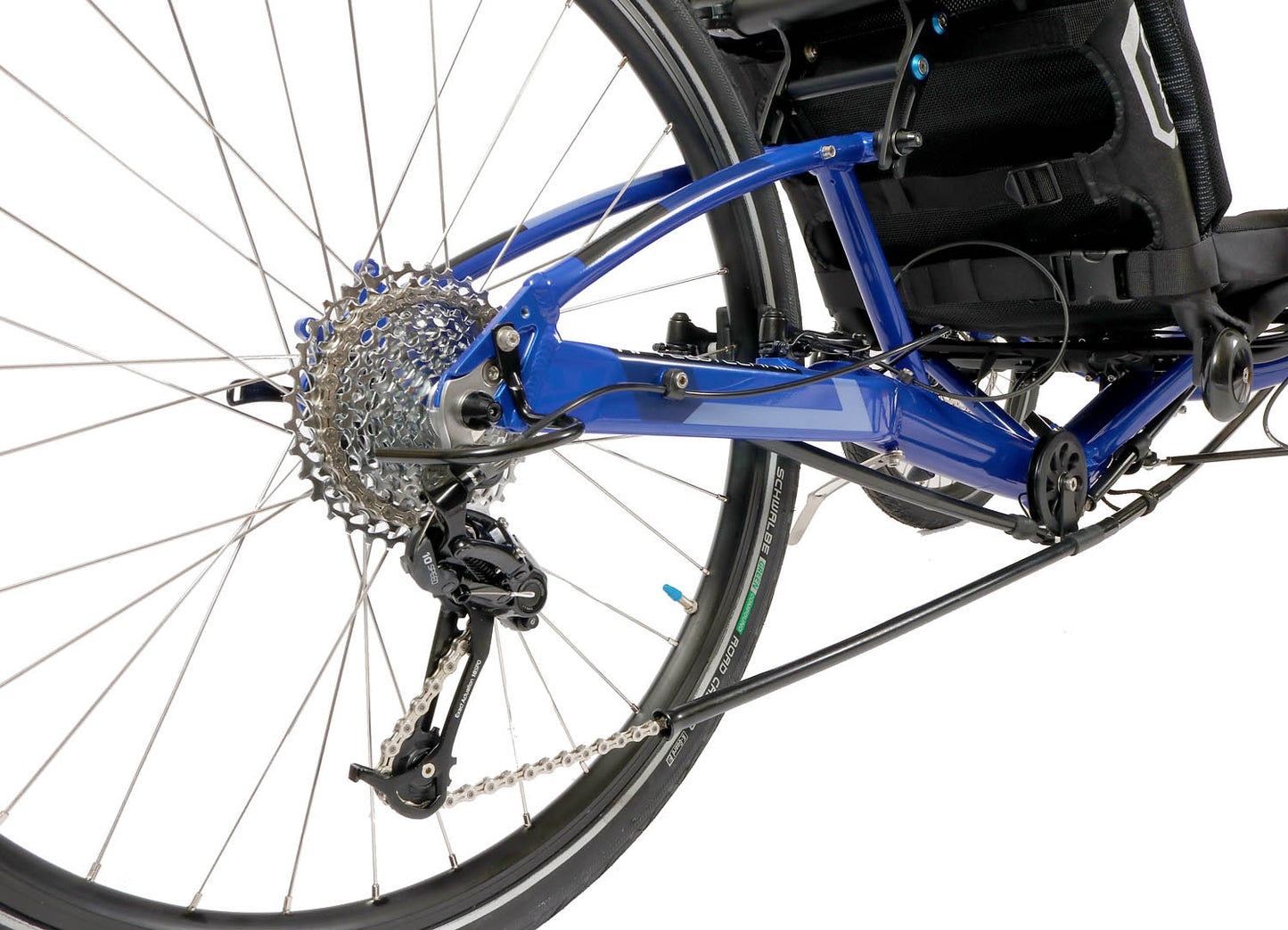 Back closeup view of the HP Velotechnik Gekko fx 26 Comfort Recumbent Trike in Deep Blue against a white background.