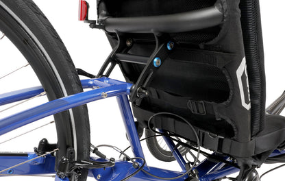 Closeup view of Gekko seat anlge adjuster on the HP Velotechnik Gekko fx 26 Comfort Recumbent Trike in Deep Blue against a white background.