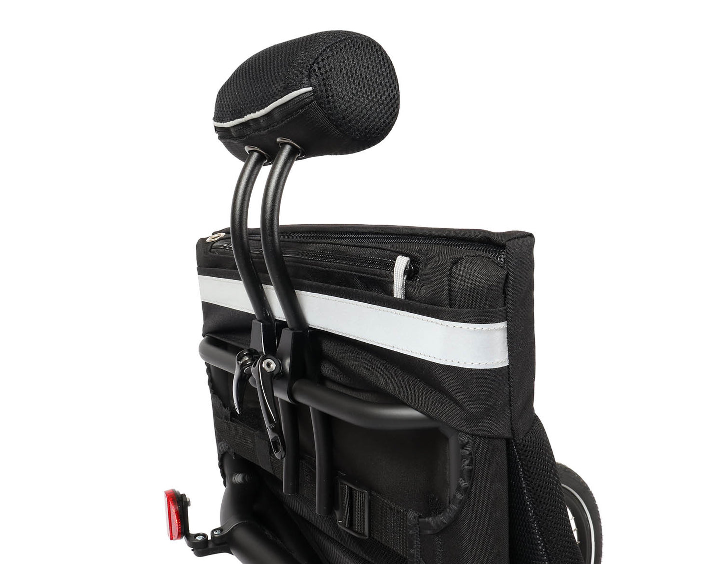 Closeup view of the neck rest on the HP Velotechnik Gekko fx 26 Comfort Recumbent Trike in Deep Blue against a white background.