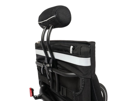 Closeup view of the neck rest on the HP Velotechnik Gekko fx 26 Comfort Recumbent Trike in Deep Blue against a white background.