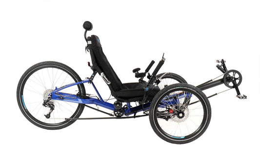 Side view of the HP Velotechnik Gekko fx 26 Comfort Recumbent Trike in Deep Blue against a white background.