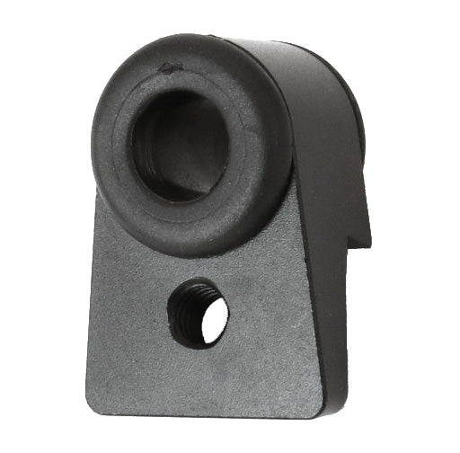HP Velotechnik front suspension stabilizer bracket with polyurethane bushing, black in color, for attaching to a bicycle frame.