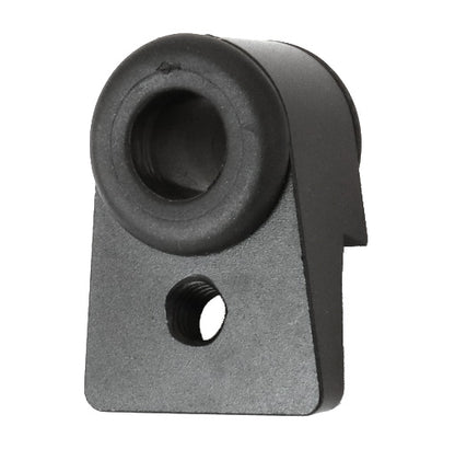 HP Velotechnik front suspension stabilizer bracket with polyurethane bushing, black in color, for attaching to a bicycle frame.