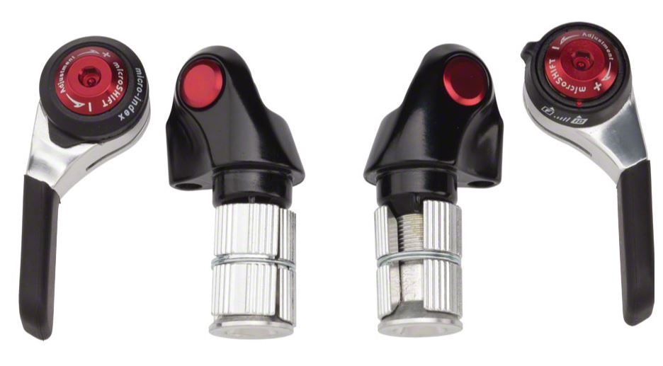 microSHIFT 10 Speed Shimano Double-Triple Road Compatible Bar End Shifter Set on a white background