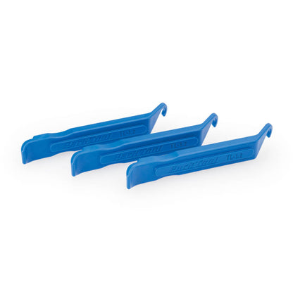 Studio image of three blue plastic Park Tool TL 1.2 tire levers.