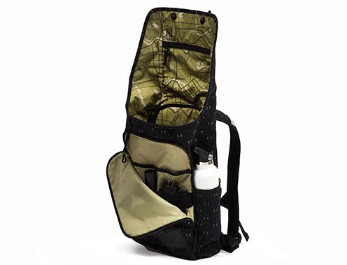 Po Campo Atria Backpack Black City Lights opened to show pockets studio image front