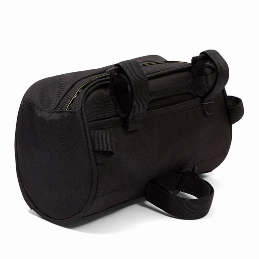 Back of the "Black Ripstop Domino Handlebar Bag" featuring two adjustable  black straps to help mount to bike handlebars. One adjustable strap at the bottom to adjust and tighten around the head tube.
