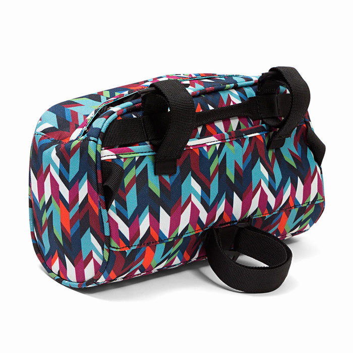 Back of the "Chevron Domino Handlebar Bag" featuring two adjustable black straps to help mount to bike handlebars. One adjustable strap at the bottom to adjust and tighten around the head tube.
