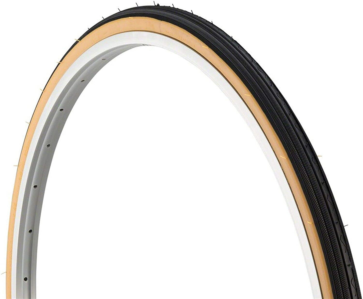 A black tire with a tan wall designed for wheelchair use, showing the side profile of the tire mounted on a rim.