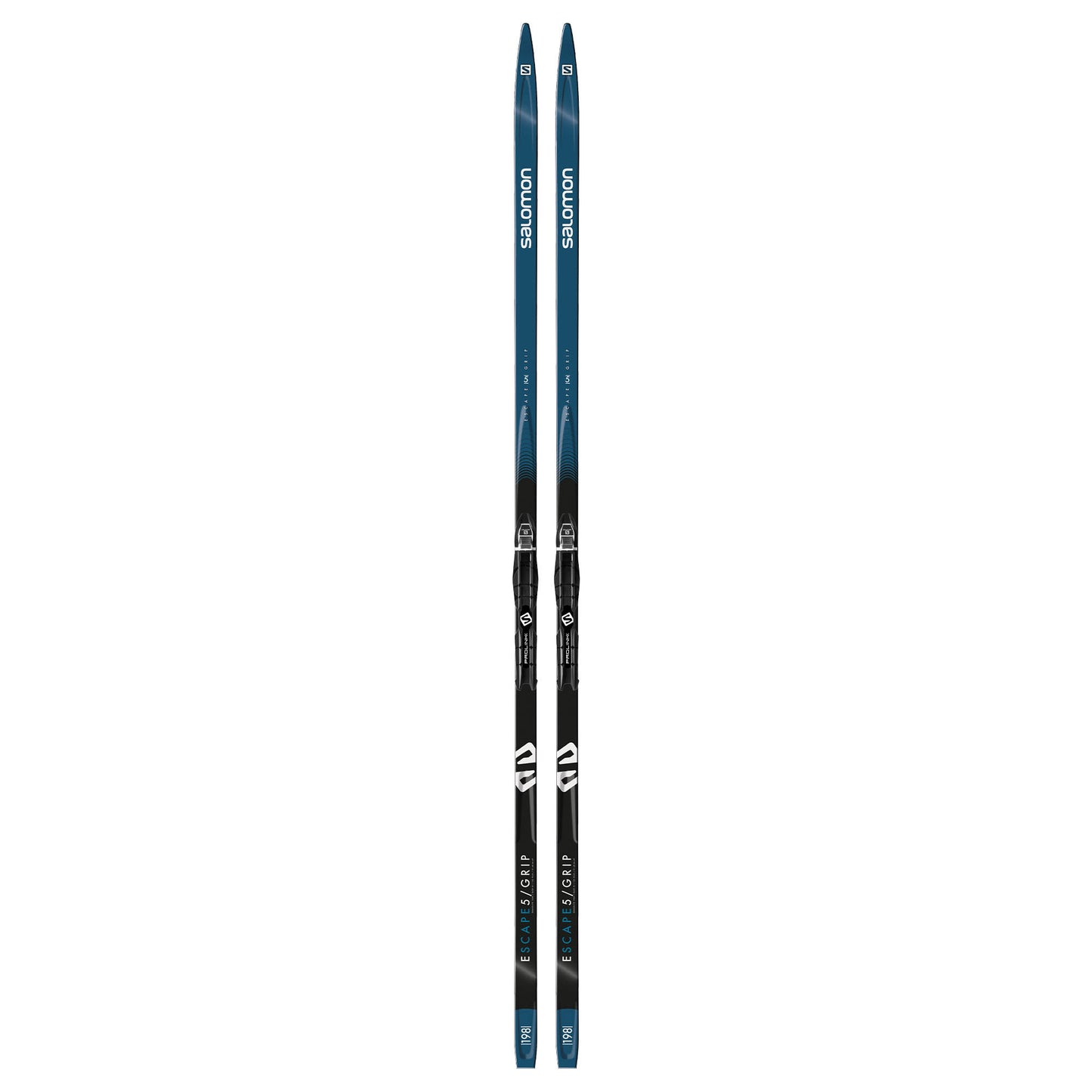 An image of a pair of Salomon Escape 5 Grip XC Skis with Prolink Access Bindings with a blue and white design against a white background.