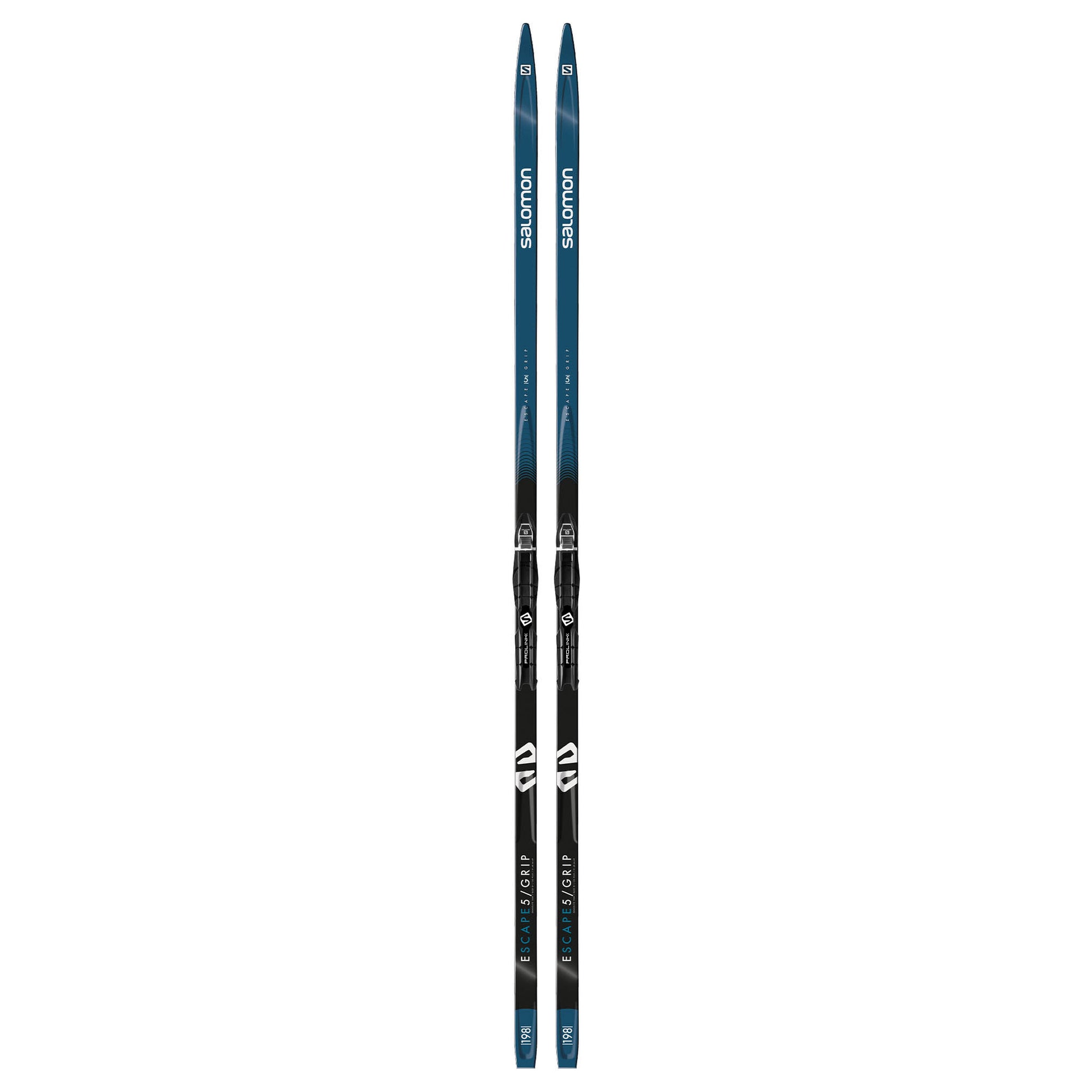 An image of a pair of Salomon Escape 5 Grip XC Skis with Prolink Access Bindings with a blue and white design against a white background.