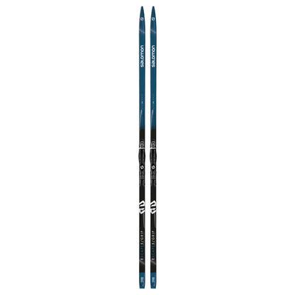 An image of a pair of Salomon Escape 5 Grip XC Skis with Prolink Access Bindings with a blue and white design against a white background.