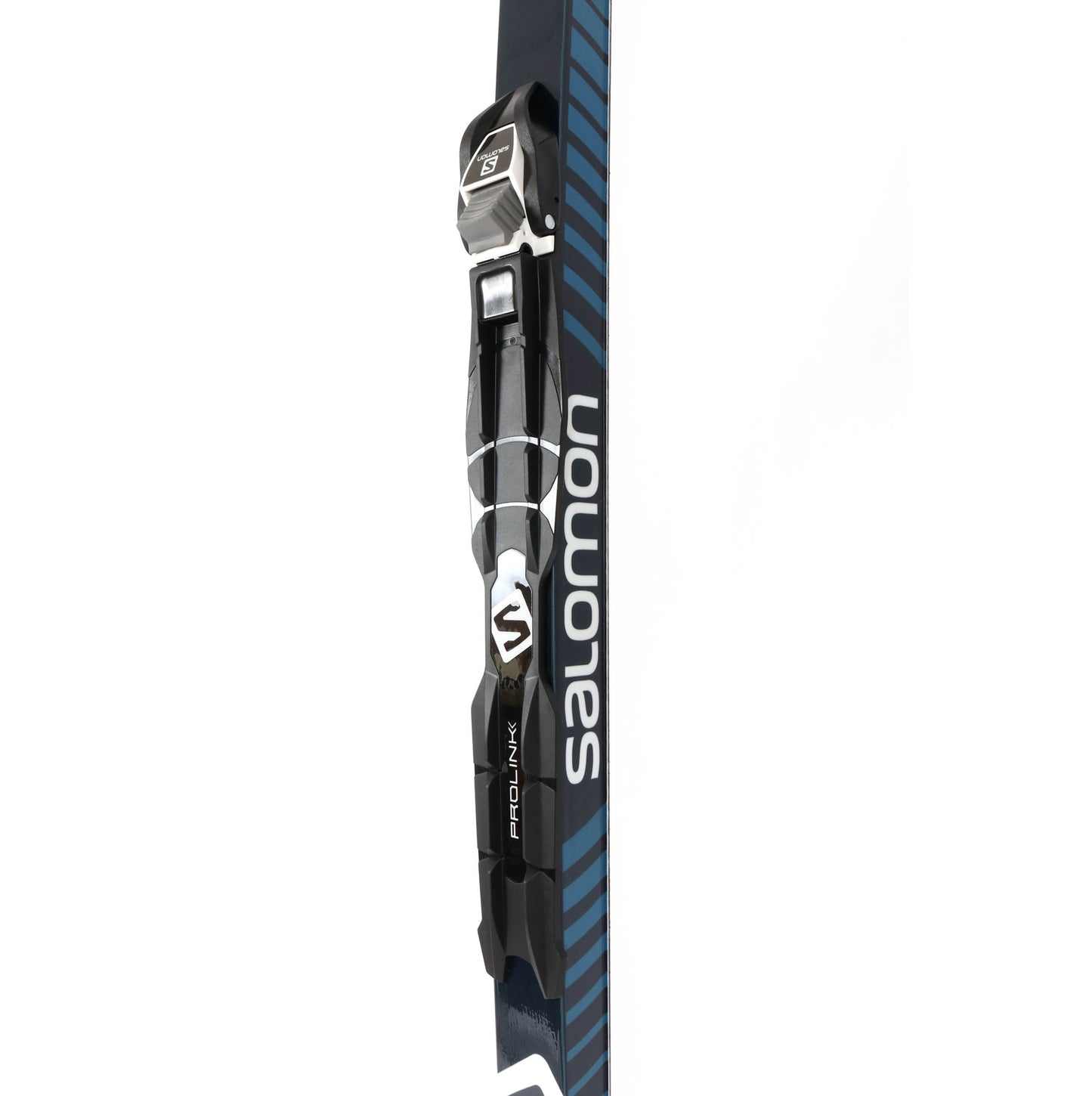 A closeup view of the Prolink Access Bindings on the Salomon Escape 5 Grip XC Skis against a white background.
