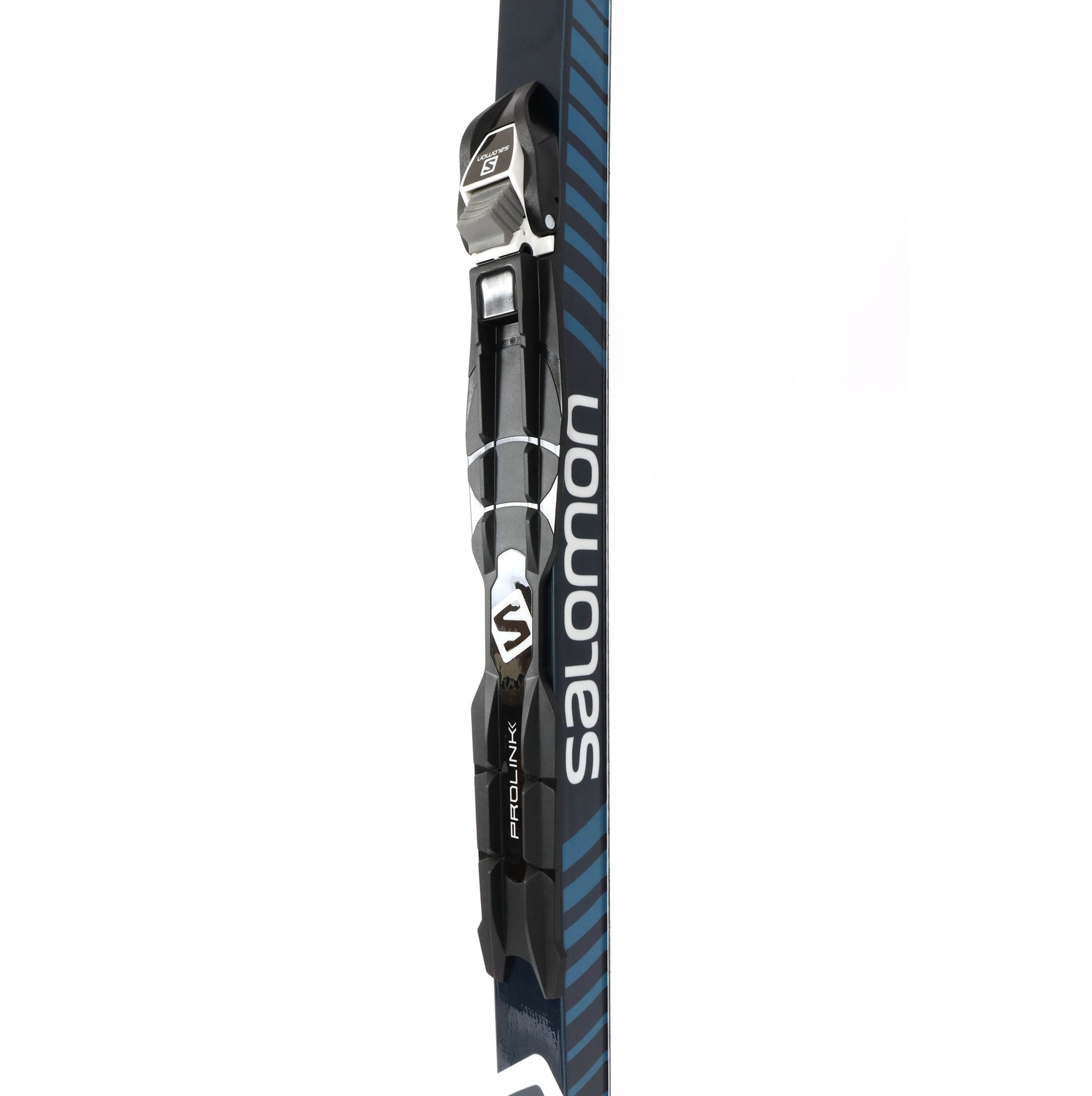 A closeup view of the Prolink Access Bindings on the Salomon Escape 5 Grip XC Skis against a white background.