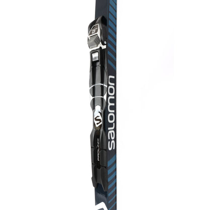 A closeup view of the Prolink Access Bindings on the Salomon Escape 5 Grip XC Skis against a white background.