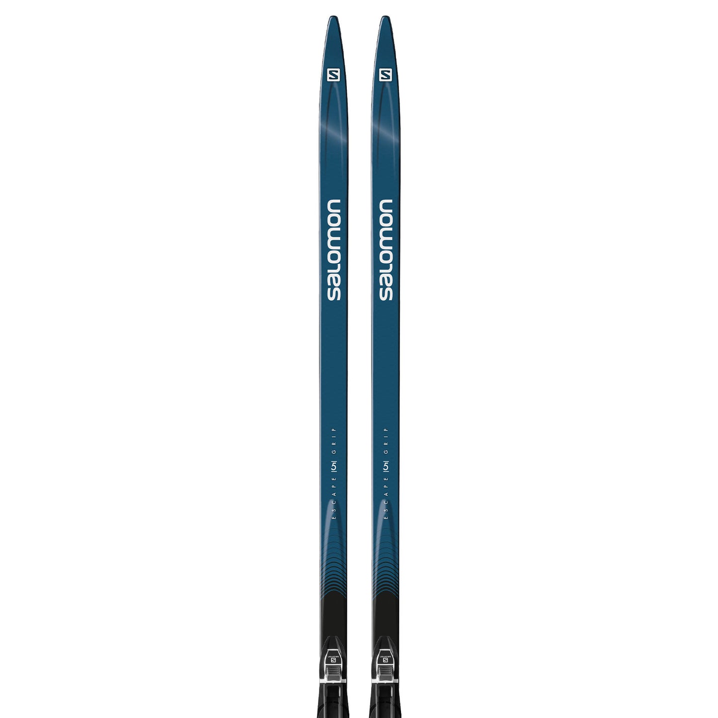 An image of the tips of a pair of Salomon Escape 5 Grip XC Skis with Prolink Access Bindings with a blue and white design against a white background.