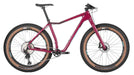 Studio image of the right profile view of a Salsa Mukluk Carbon fat tire bike.  The frame and fork are purple with teal.  The tires are black with tan sidewalls.  