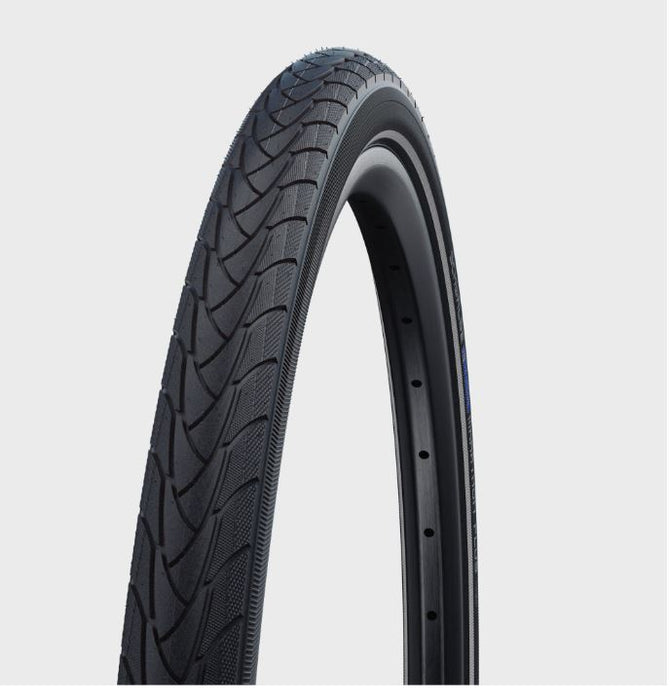 Studio image of half of a black Schwalbe marathon plus tire, showing tread and reflective stripe on sidewall