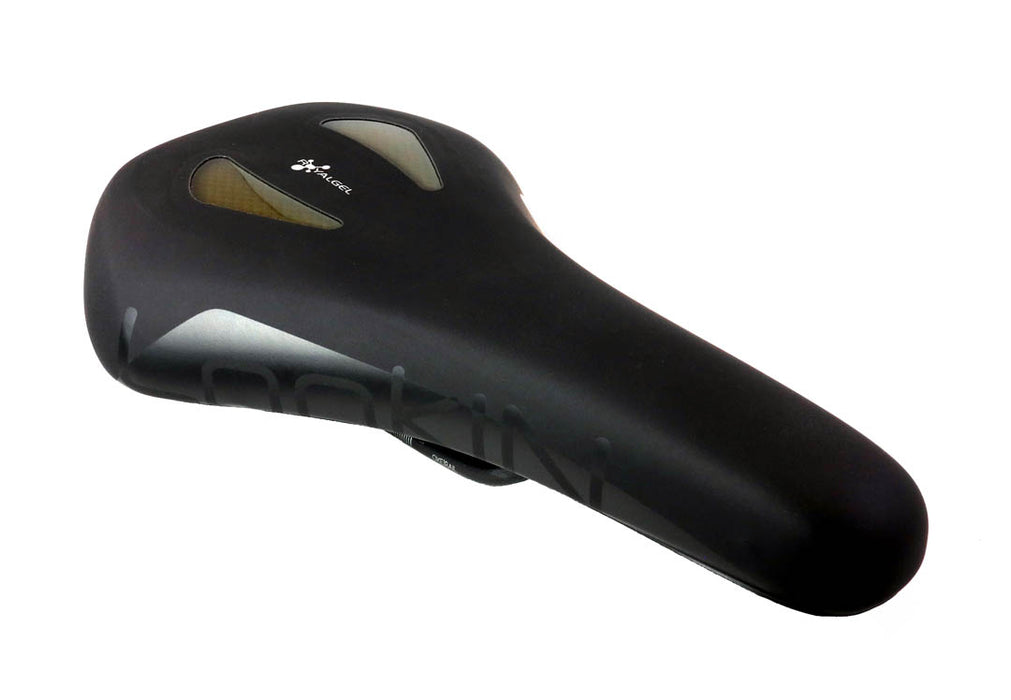 studio view of black Selle Royal Lookin Athletic Saddle showing the two gel sections at the back of the saddle
