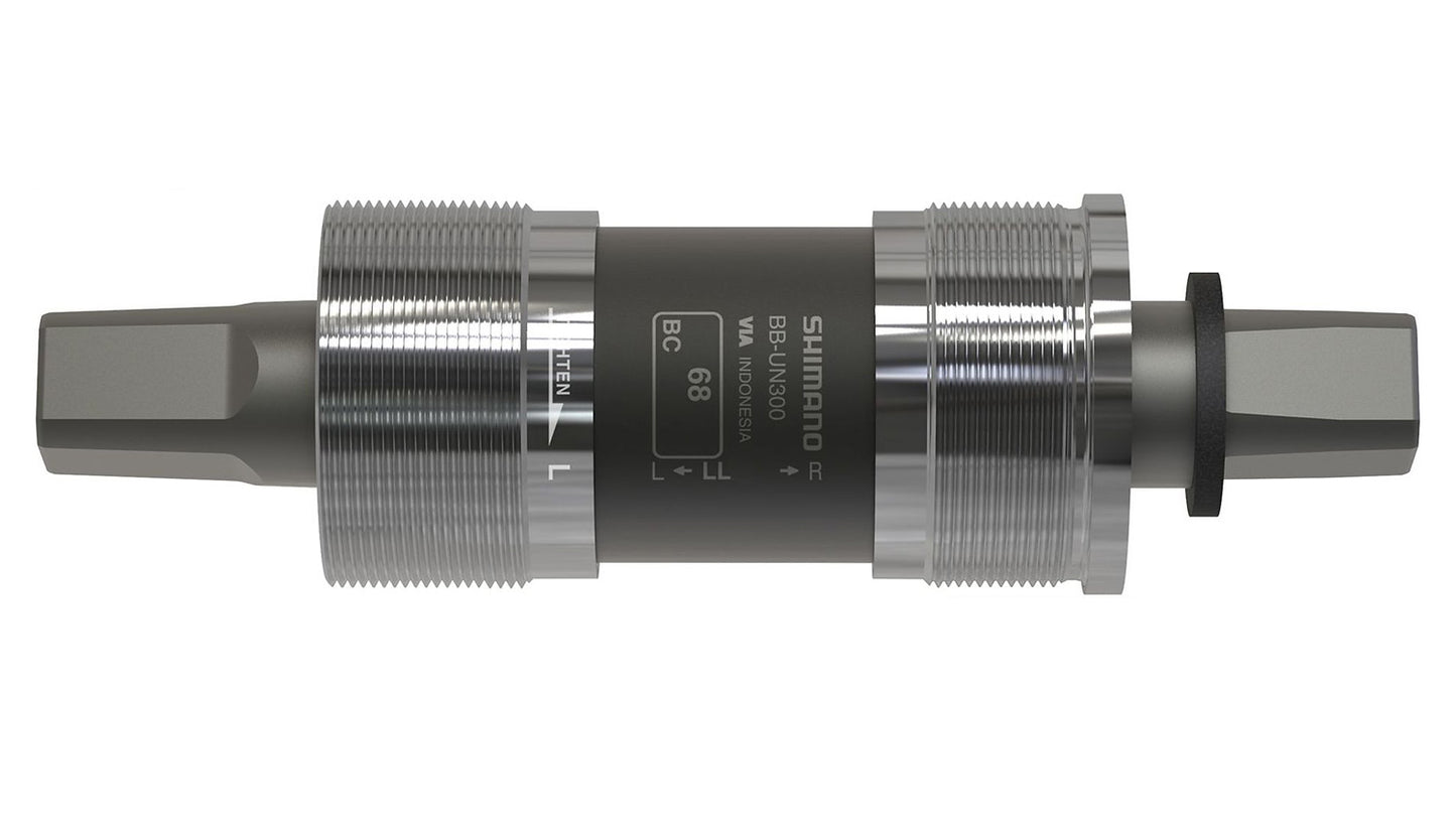 Image of a Shimano BB-UN300 68mm Square Taper Bottom Bracket in black and silver against a white background.
