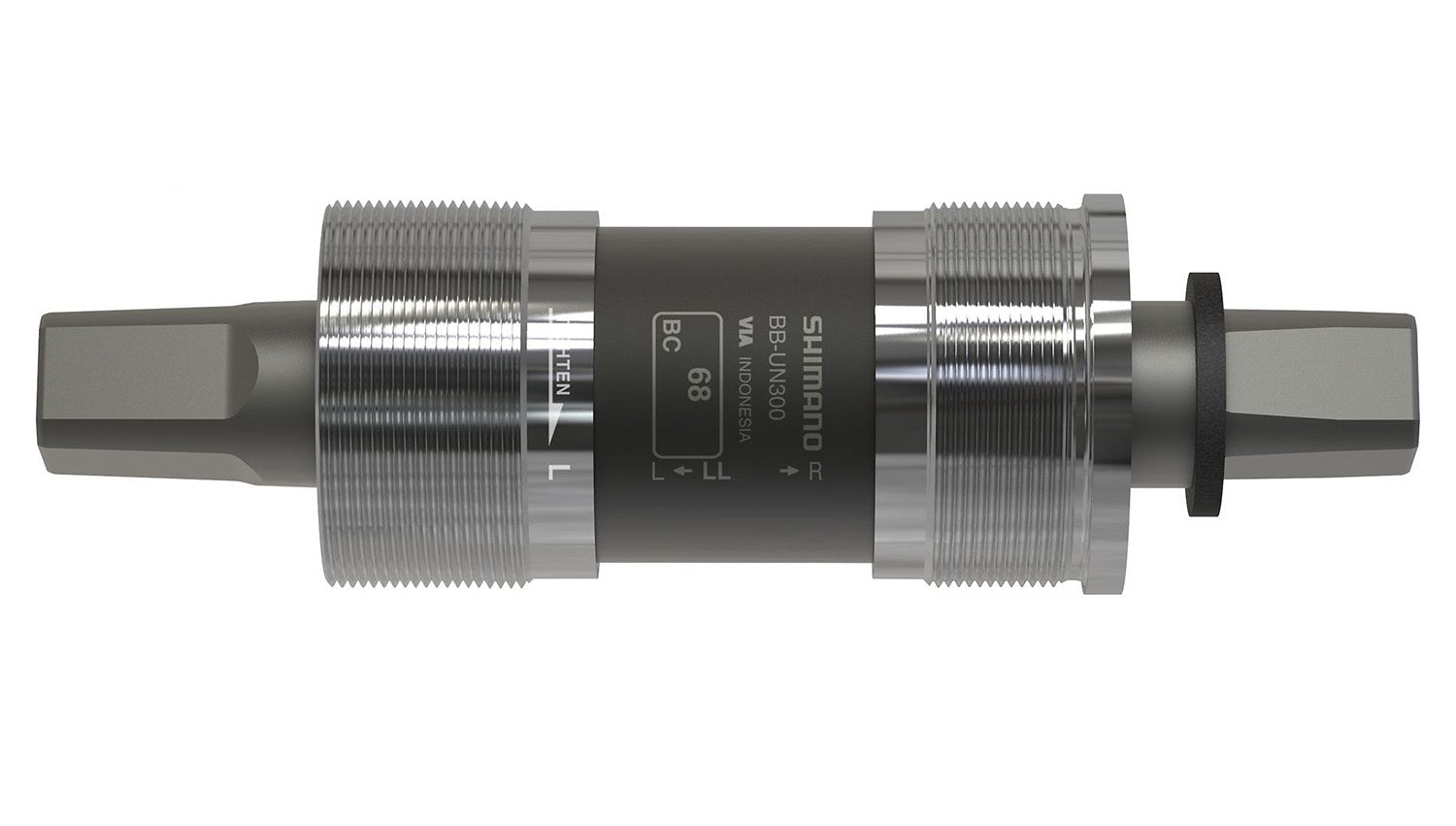 Image of a Shimano BB-UN300 68mm Square Taper Bottom Bracket in black and silver against a white background.
