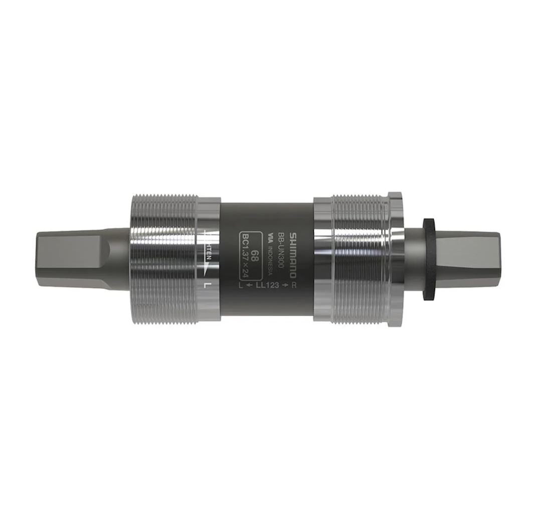 Image of a Shimano BB-UN300 68mm Square Taper Bottom Bracket in black and silver against a white background.