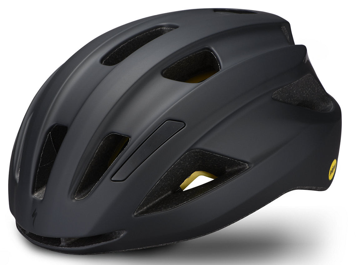 An angled side view of a black specialized Align II bicycle helmet with reflective details and ventilation holes against a white background.