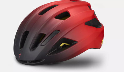 Angled side view of a Specialized Align II Gloss Flo Red/Matte Black Helmet with a unisex design, featuring a sleek red to black gradient color and ventilation holes against a white background.