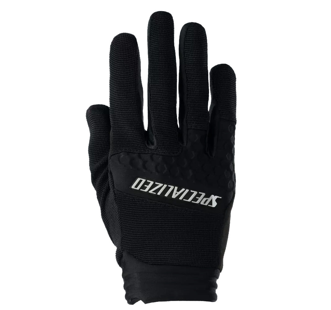 Back of hand view of the Specialized Mens Trail Shield Long Finger Glove in black with a white Specialized logo against a white background.