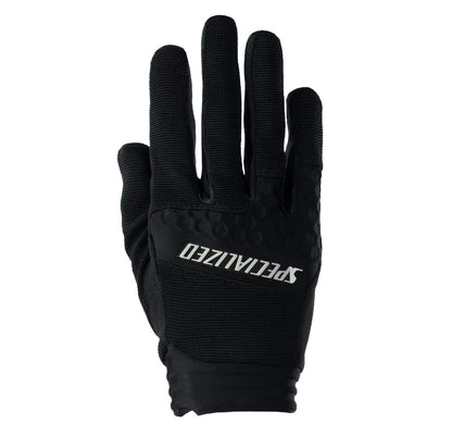 Back of hand view of the Specialized Mens Trail Shield Long Finger Glove in black with a white Specialized logo against a white background.