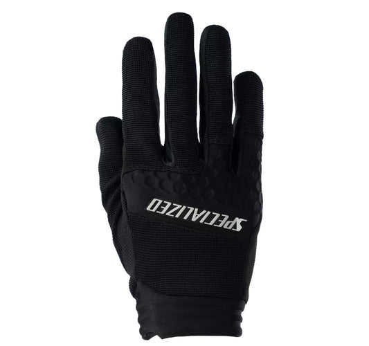 Back of hand view of the Specialized Mens Trail Shield Long Finger Glove in black with a white Specialized logo against a white background.