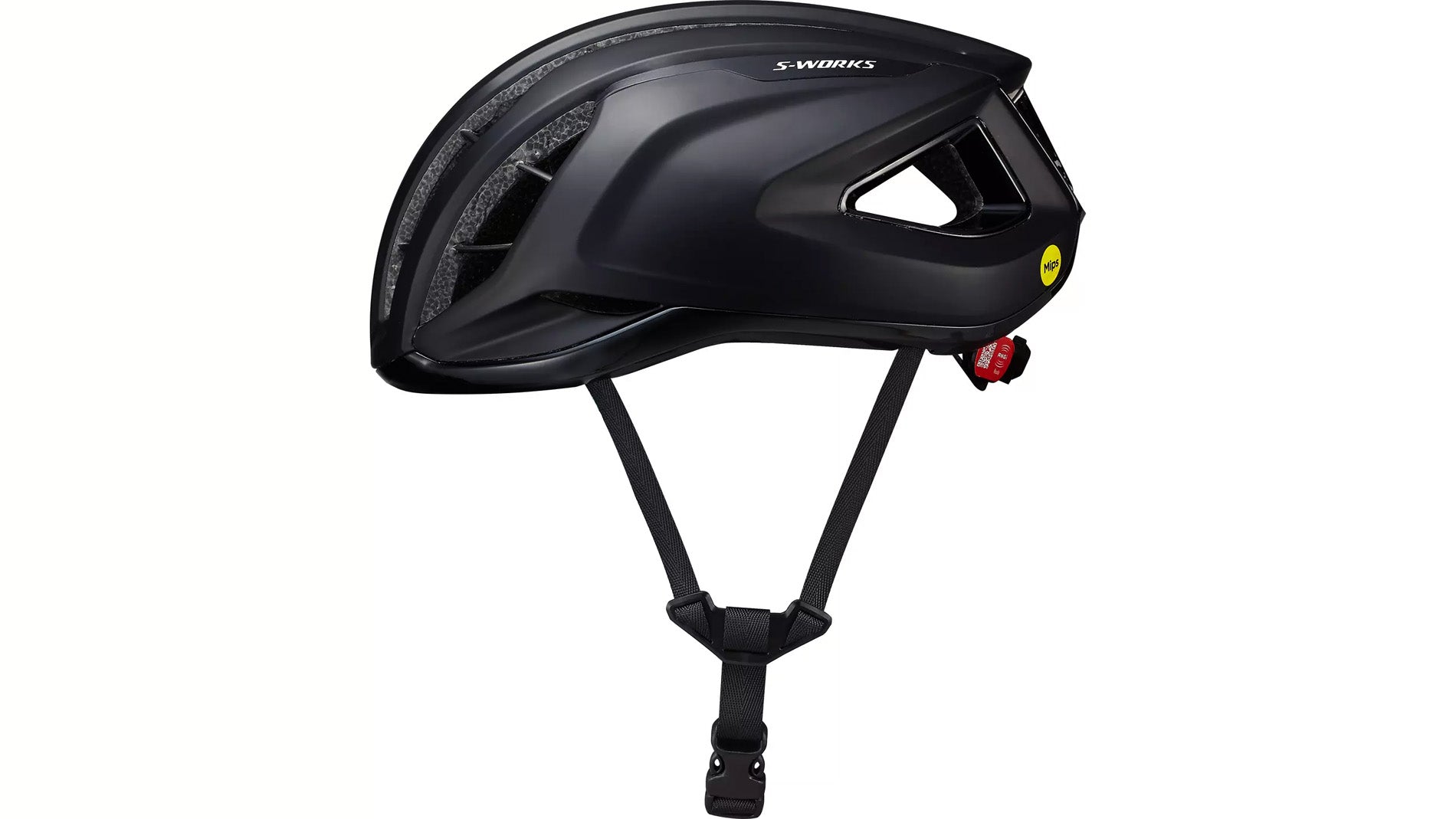 Side view of the black Specialized -Works Prevail 3 helmet with adjustable straps and ventilation system against a white background.