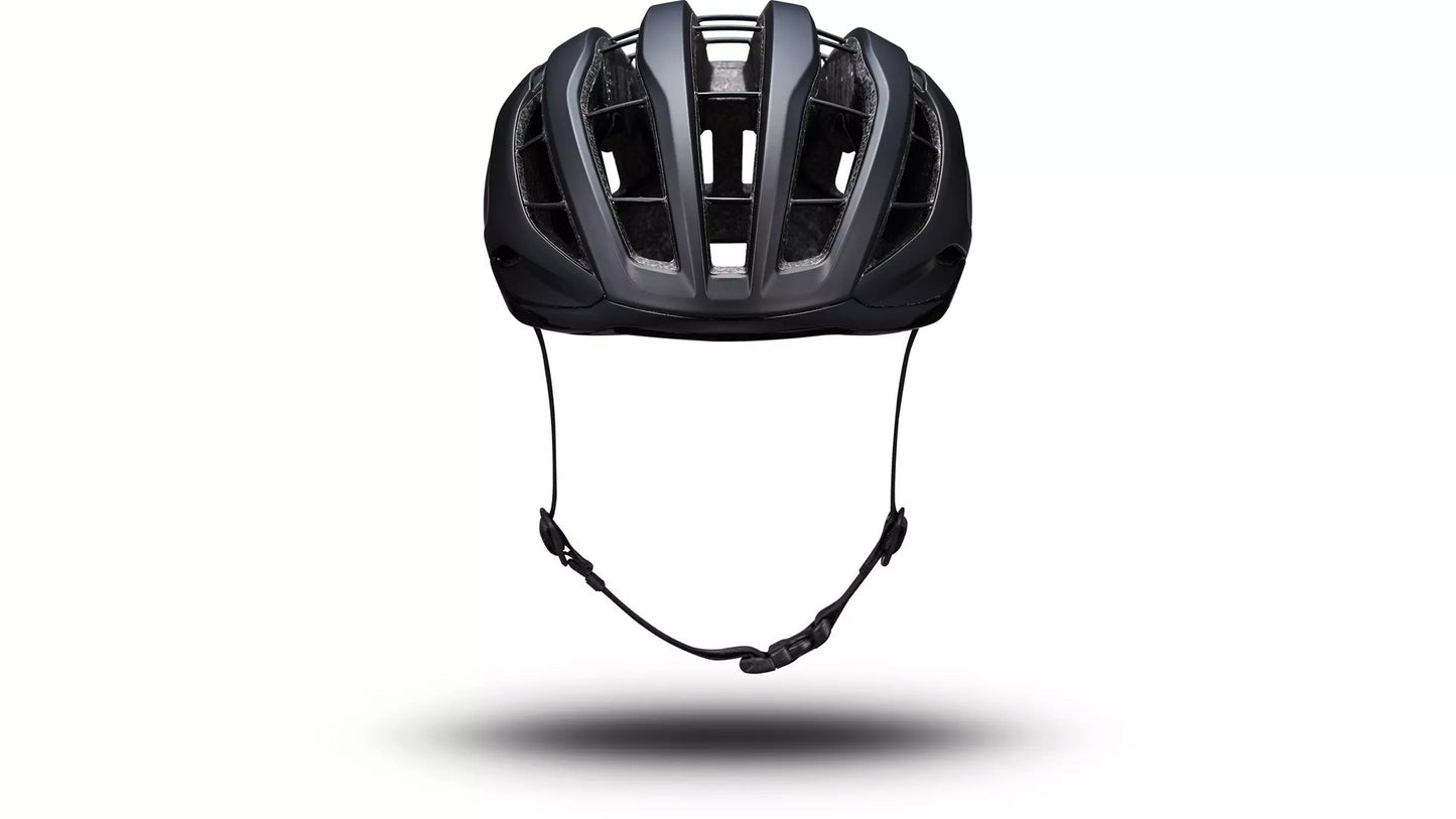 Back view of the black Specialized -Works Prevail 3 helmet with adjustable straps and ventilation system against a white background.