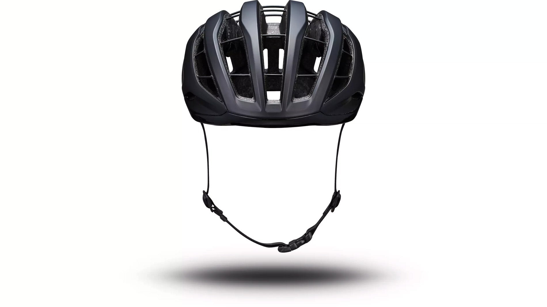 Back view of the black Specialized -Works Prevail 3 helmet with adjustable straps and ventilation system against a white background.