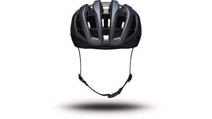 Back view of the black Specialized -Works Prevail 3 helmet with adjustable straps and ventilation system against a white background.