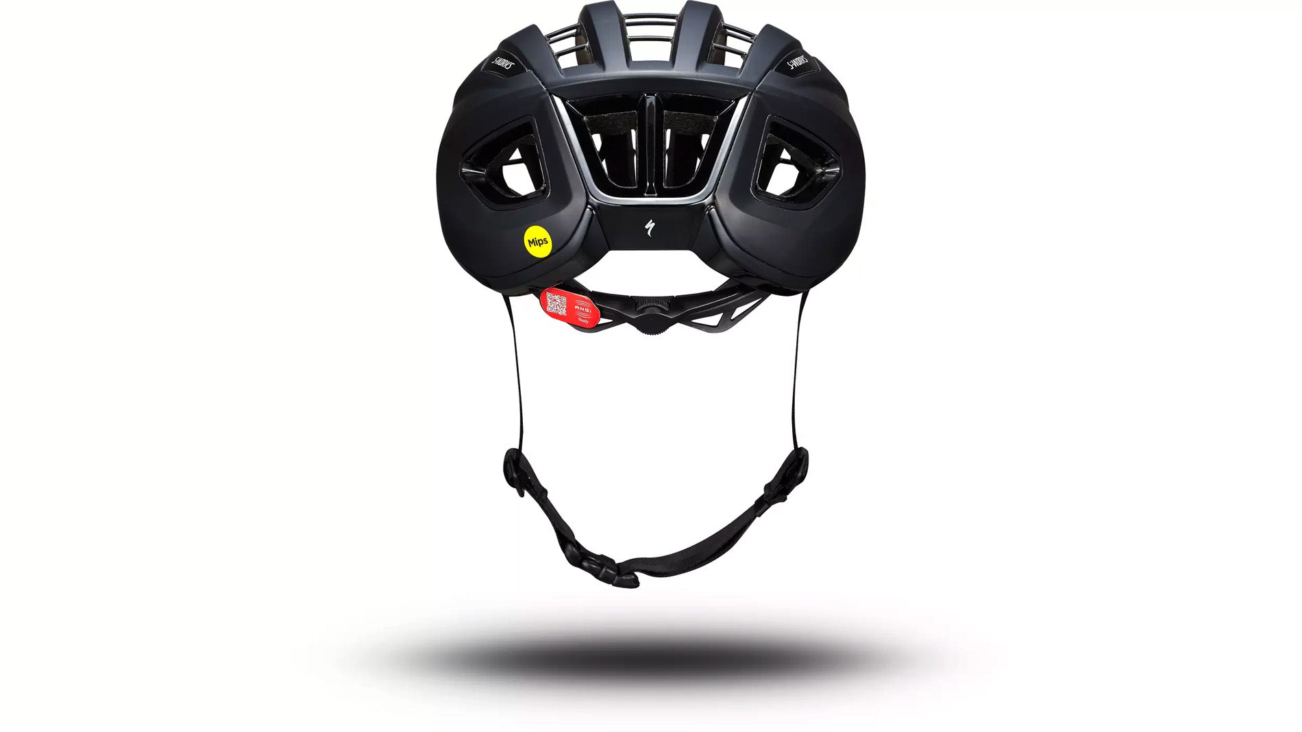 Back view of the black Specialized -Works Prevail 3 helmet with adjustable straps and ventilation system against a white background.