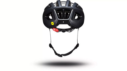Back view of the black Specialized -Works Prevail 3 helmet with adjustable straps and ventilation system against a white background.