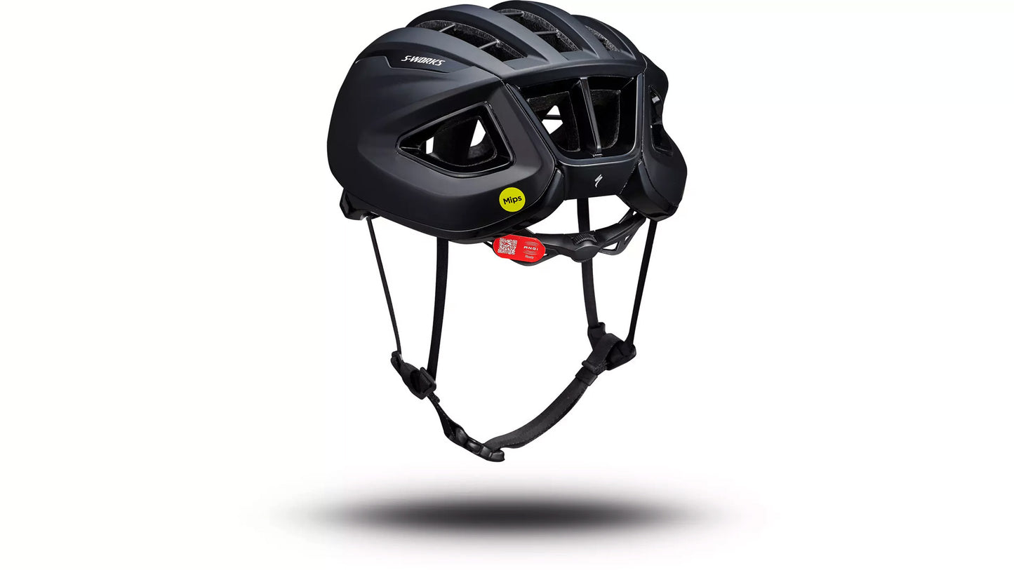 Angled back view of the Specialized S-Works Prevail 3 helmet with adjustable straps and ventilation system against a white background.