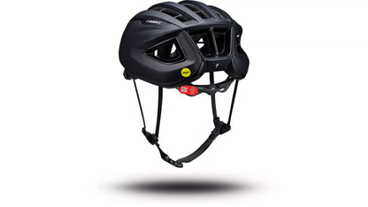 Angled back view of the Specialized S-Works Prevail 3 helmet with adjustable straps and ventilation system against a white background.